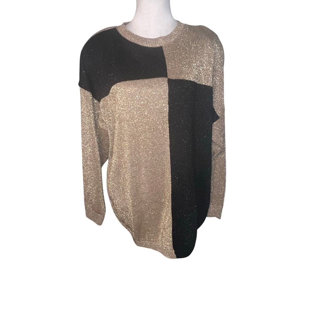 Shenanigans Women's L metallic gold black color block‎ stretchy festive sweater